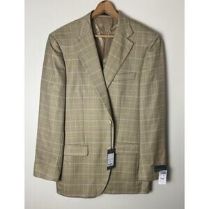 NWT Lubiam Studio Tan Windowpane Plaid Wool &‎ Silk Blazer Jacket Size US 42L